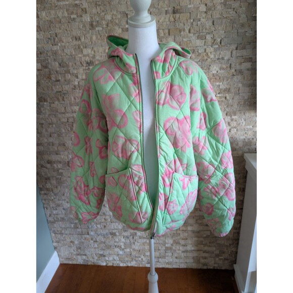 wild fable Jackets & Blazers - Mint Green Pink Floral Quilted Hooded Puffer Statement Jacket Zip Up Size L